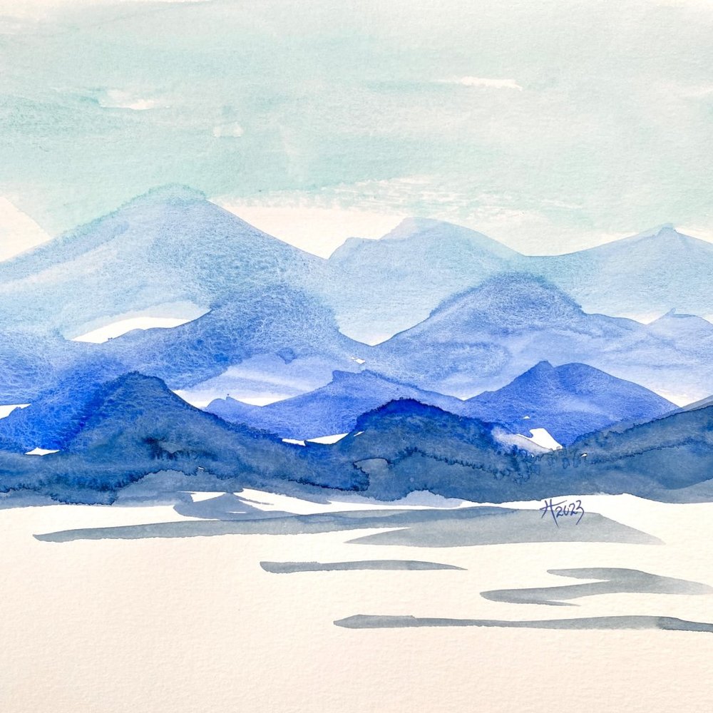 Blue Serenity 2 Original Mountain Landscape Wall Art Watercolor Painting 11x14in